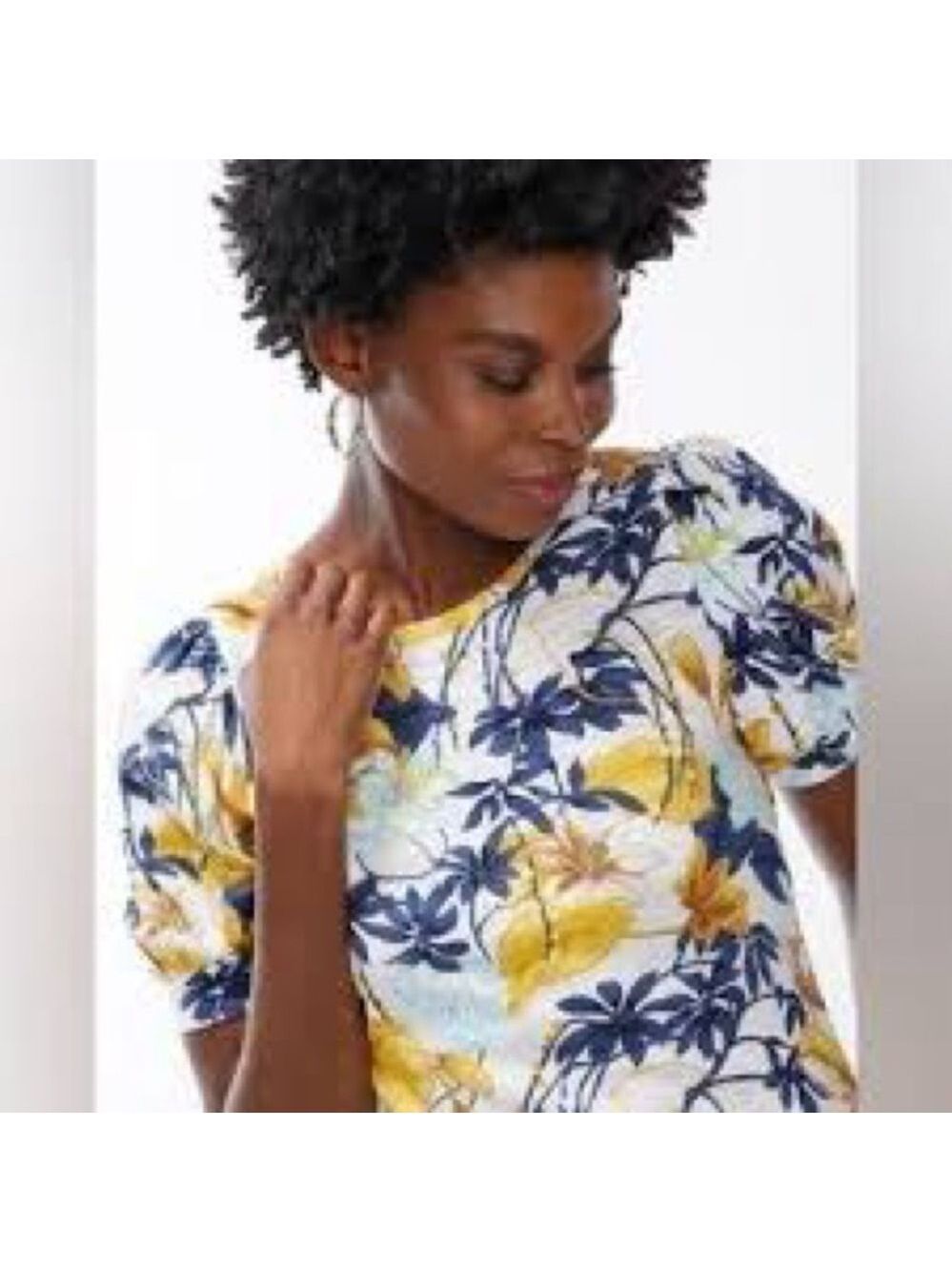 Chico’s Tropical Blue Yellow White Floral Puff Sleeve Slub Tee size XL
